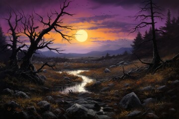 Naklejka premium a painting of a river in the middle of a forest at night