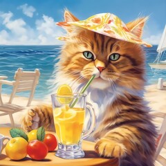 Cat Enjoying Juice by the Sea. Generative AI.