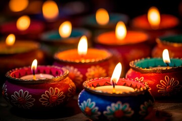 Obraz na płótnie Canvas Colorful diya lamps lit during diwali celebration.