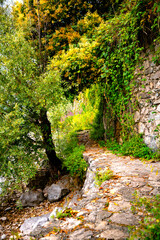 Idyllic coastal walkway “Passeggiata Dell'Amore“ (love way) is a idyllic lakeside promenade in Ispra. Picturesque and popular hiking trail or bathing spot on lake “Lago Maggiore“ in northern Italy. 