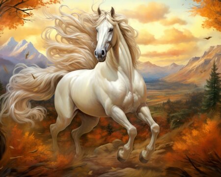 a painting of a white horse running through a forest