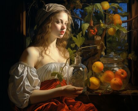 a painting of a woman holding a jar of fruit