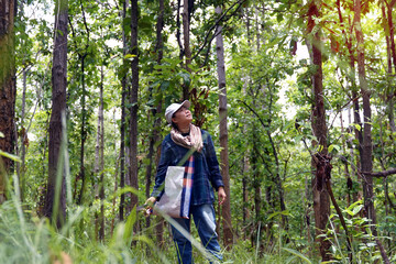 Naklejka na ściany i meble An Asian woman goes on a community forest survey in northern Thailand to study the biodiversity of the forest's abundant life. in the concept of a forest explorer, collecting forest, hiking