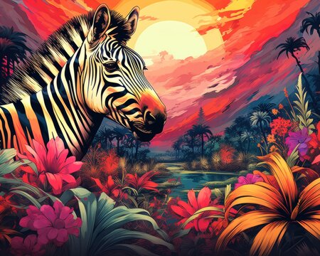a painting of a zebra in the jungle
