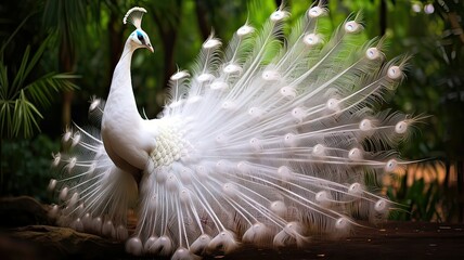 Obraz premium Exquisite white peacock with delicate plumage. Graceful elegance and majestic beauty.