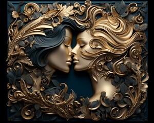 a painting of two women kissing in gold and blue