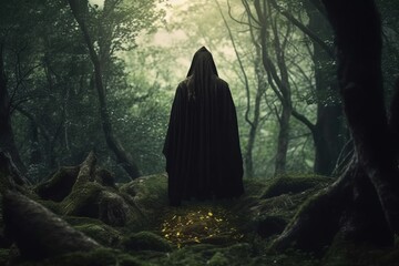 a person in a black cloak standing in the woods - obrazy, fototapety, plakaty
