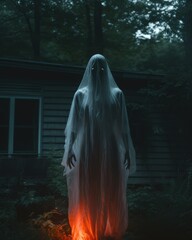 a person in a ghost costume standing in front of a house