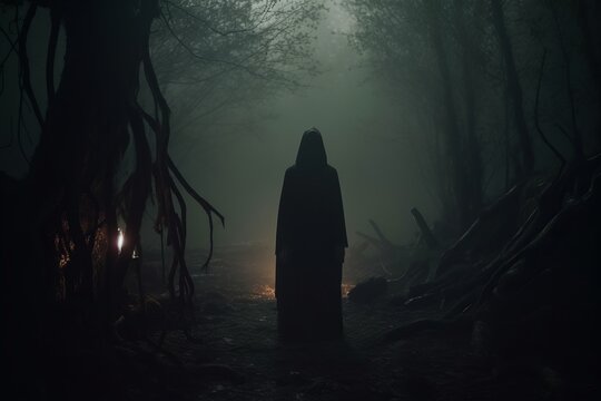 a person in a hood standing in a dark forest