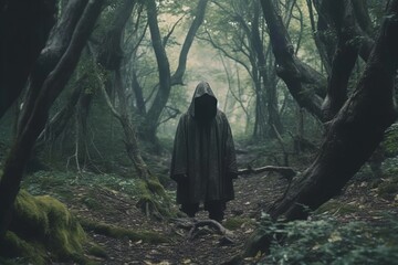 a person in a hooded robe standing in the middle of a forest