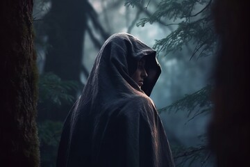 a person in a hooded robe standing in the woods - obrazy, fototapety, plakaty
