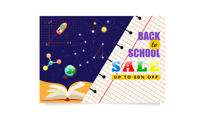 Back to school banner. School supplies floating in space. Cartoon illustration. Vector back to school design template