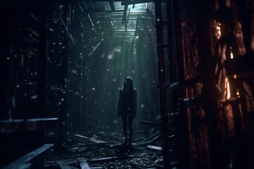 a person standing in a dark hallway with light coming from the ceiling