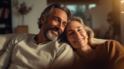 Obraz premium A Romantic happy middle aged Couple relaxing on sofa at home, Happy Family embracing, Smiling mature married couple Relaxing in cozy living room enjoying weekend time together. Love affection