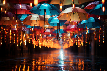 Fototapeta na wymiar Enchanting sculpture of suspended colorful umbrellas, dreamlike sight Generative AI