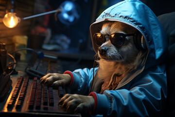 Eye-catching dog portrait with keyboard and sunglasses Generative AI