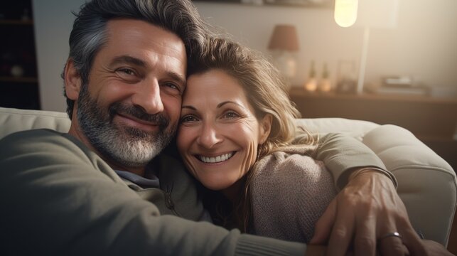 A Romantic happy middle aged Couple relaxing on sofa at home, Happy Family embracing, Smiling mature married couple Relaxing in cozy living room enjoying weekend time together. Love affection