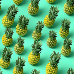 Fototapeta premium Pineapples fruits seamless pattern on light green background. Generative AI.