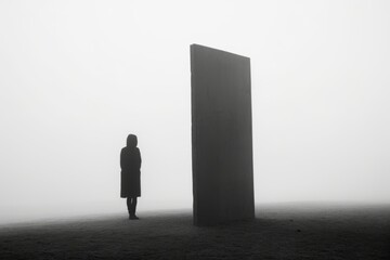 a person standing in front of a large door in the fog