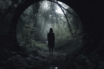 a person standing in the middle of a dark forest - Powered by Adobe