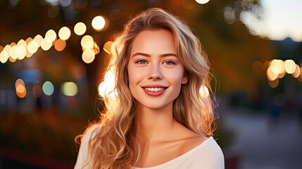 Obraz premium Beautiful blonde woman portrait in autumn city.