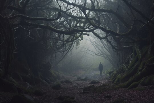 a person standing in the middle of a dark forest