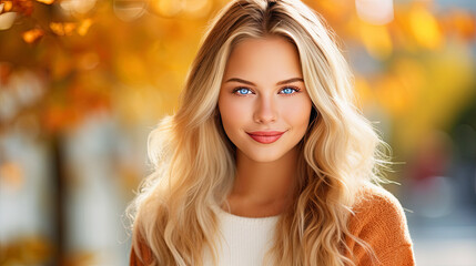 Beautiful blonde woman portrait in autumn city.