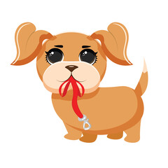 Happy cartoon puppy sitting, Portrait of cute little dog wearing collar. Dog friend. Vector illustration. Isolated on white background.