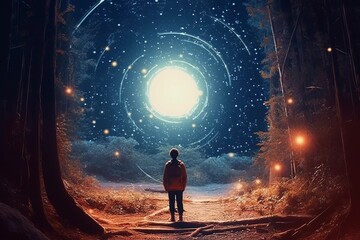 a person standing in the middle of a forest at night