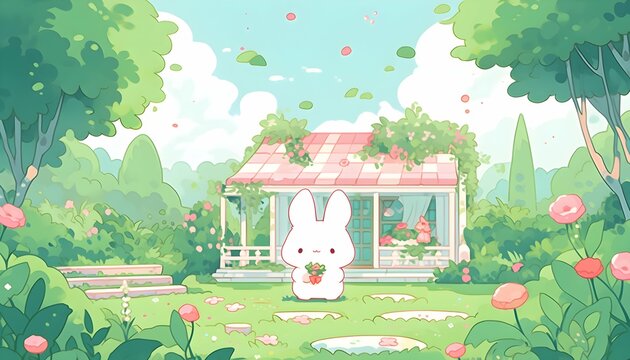 Illustrasted of cartoon little cute white bunny holding flower in hands stand in front of house in the forest. Anime Style.