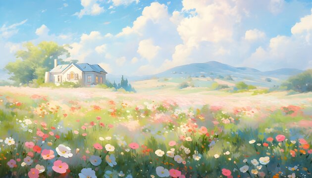 Country house at Nature with blue sky and cloud with Colorful flower meadow and moutain. Landscape, Anime Comic Style. 