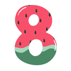 Watermelon summer bright font. Cartoon 3D decorative alphabet. Glossy letters and numbers isolated on white. For package, poster, banner, T-shirt, brochure design. Vector illustration