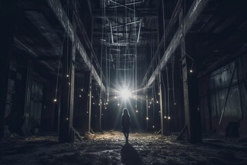 a person standing in the middle of an abandoned building