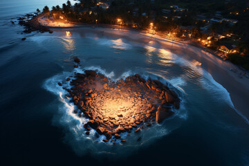 Heart-shaped beach with glowing creatures Generative AI