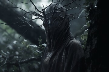 a person with a tree head in the woods