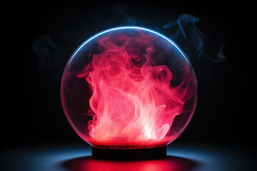 A transparent sphere with pink smoke inside on a black background. Neon light