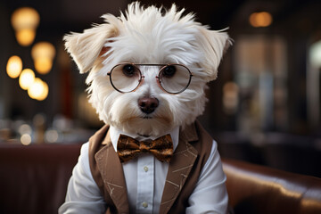 Modern bowtie and glasses, cute white dog portrait indoors Generative AI
