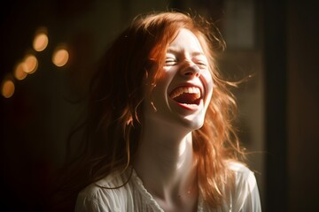 a red haired woman laughing in front of a window