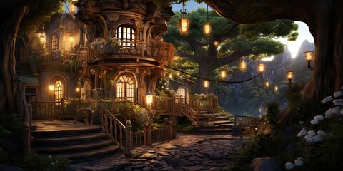 Tree house in the forest with lights on the pathway