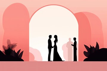 a silhouette of two people standing in front of an arch