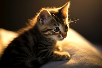Obraz premium a small kitten sitting on a bed in the sunlight