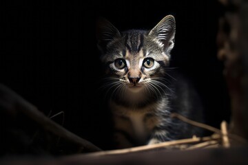 a small kitten looking at the camera in the dark