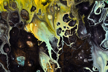 Exclusive beautiful pattern, abstract fluid art background. Flow of blending multicolored paints mixing together. Blots and streaks of ink texture for print and design.