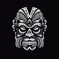 tiki face, stencil style, white color, black bacnground