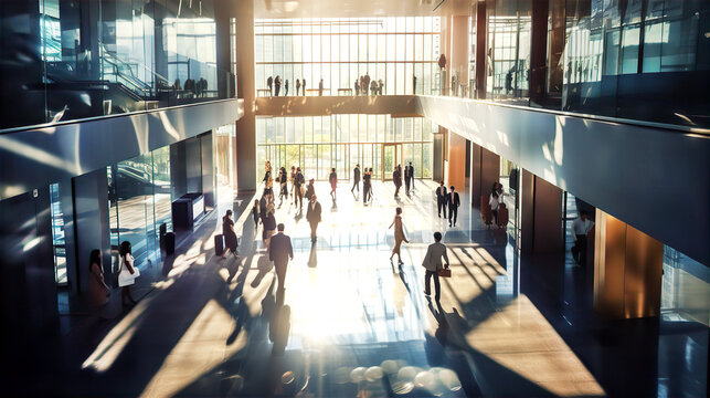 Business People Walking In Big Glass Lobby With Beautiful Morning Sun Lights Reflection. Office Skyscraper Entrance Hall