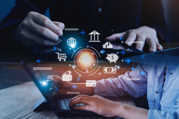 futuristic digital processing of biometric identification fingerprint scanner for access personal financial data. surveillance and security scanning of digital programs cyber futuristic applications