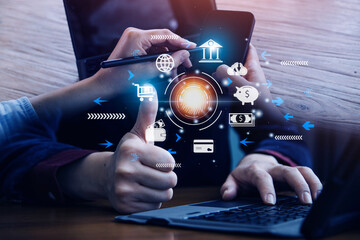 futuristic digital processing of biometric identification fingerprint scanner for access personal financial data. surveillance and security scanning of digital programs cyber futuristic applications