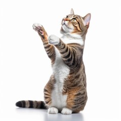 a tabby cat sitting on its hind legs and reaching for something