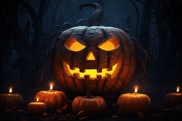 Halloween pumpkin head jack lantern with candles on dark background. Halloween concept.Generative Ai
