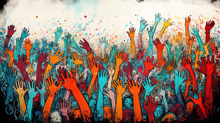 Beautiful artistic background with many humans hands raise up. Togetherness, happiness, celebrations idea